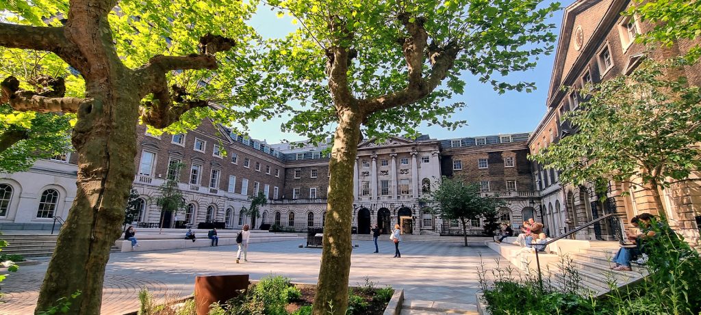 Main square at Kings College London on a sunny day