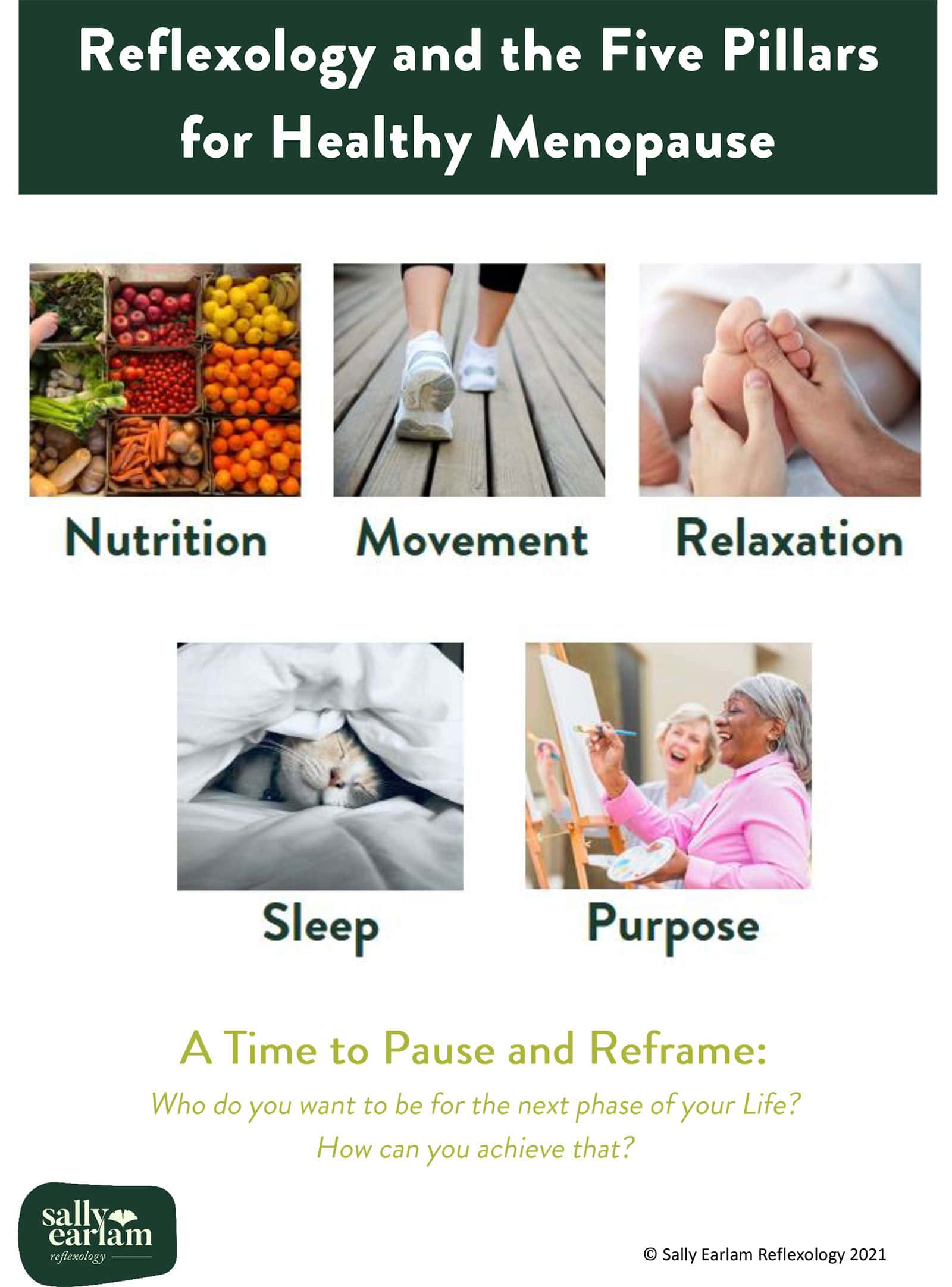 Front page of brochure about Reflexology and the Five Piullars for Healthy Menopause by Sally Earlam